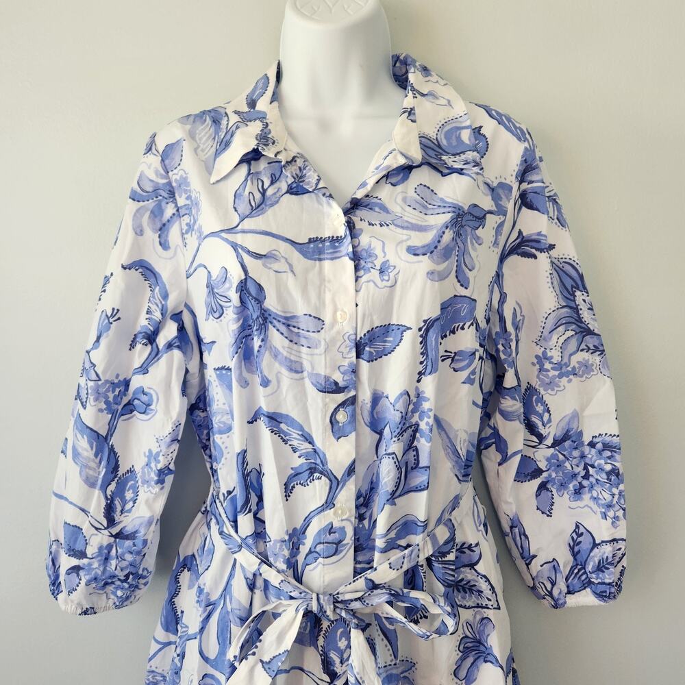 Cynthia Steffe Shirt Dress Women's L White Blue Floral Flared Coastal Nautical - Picture 2 of 16
